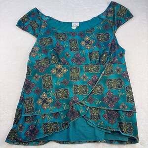 Vintage Venezia Teal Medallion Print Layered Hem Cap Sleeve Top Y2K
